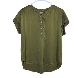 Faherty Desmond 100% Silk Henley Blouse Olive Green Short Sleeve Blouse Small